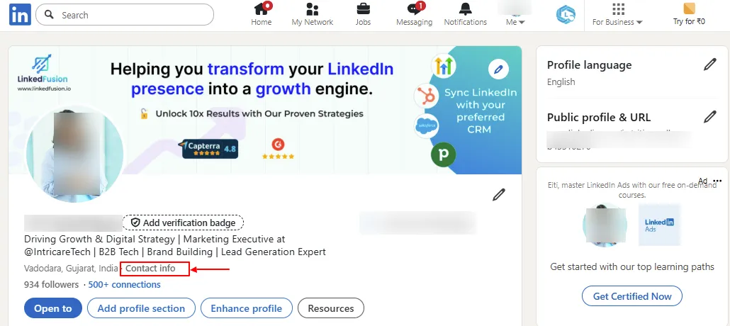 Clicking the Contact Info link on a LinkedIn profile to find email address