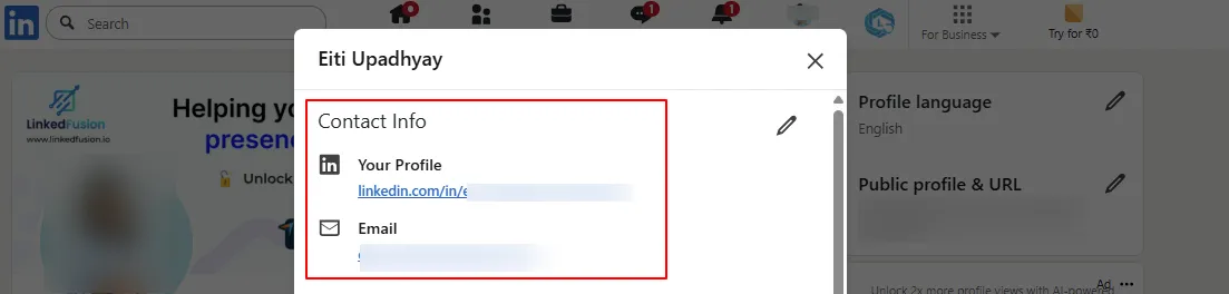 Clicking the Contact Info link on a LinkedIn profile to find email address