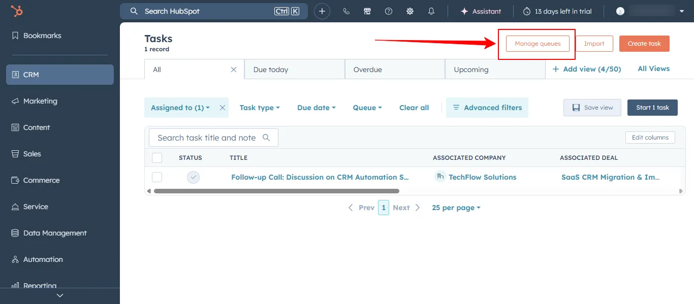 HubSpot manage queues button in tasks dashboard