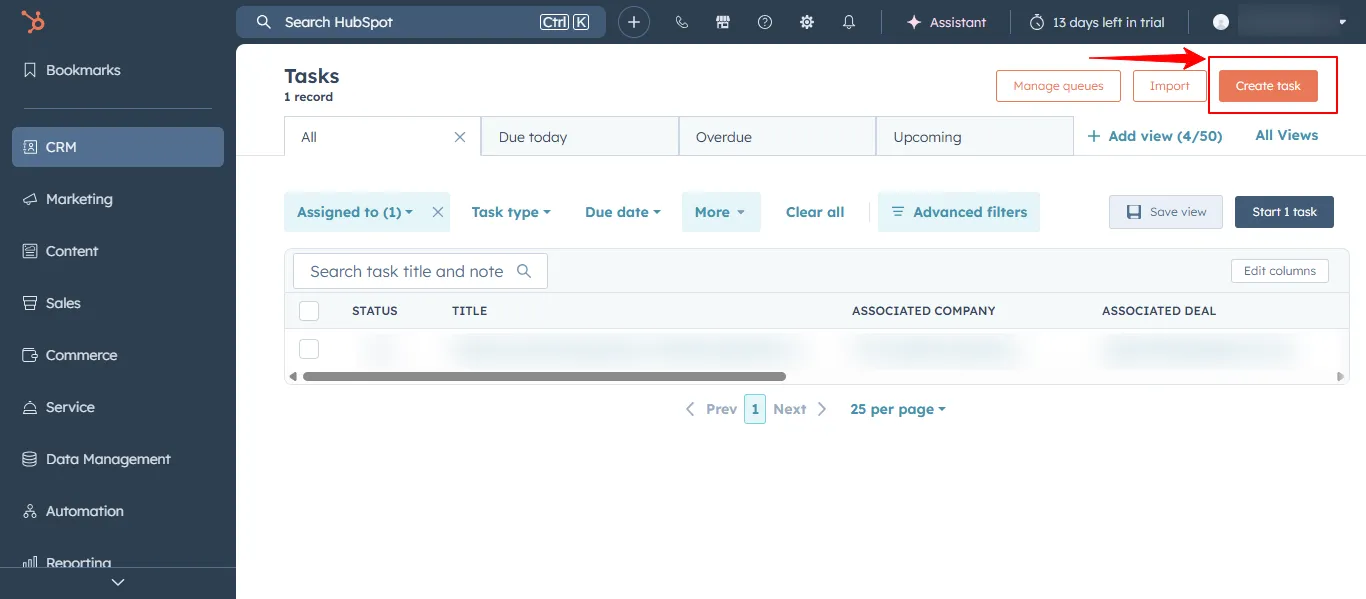 HubSpot create task button in tasks dashboard