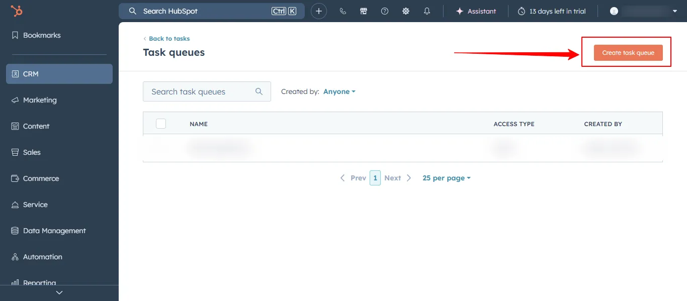 HubSpot create task queue panel