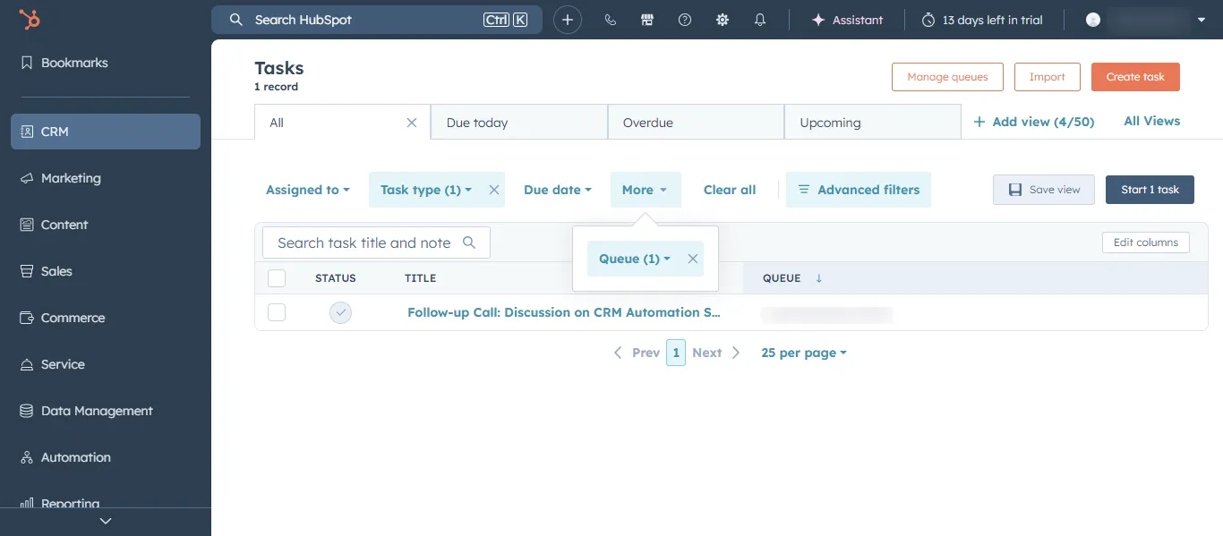 HubSpot tasks dashboard queue filter option