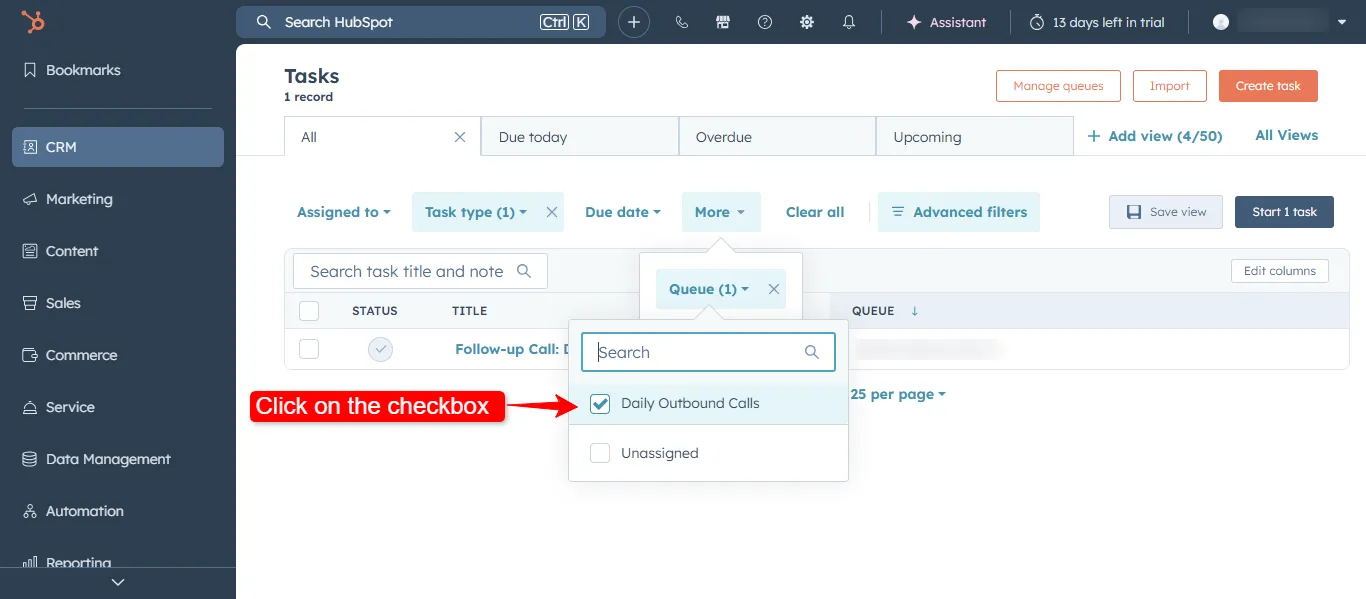 HubSpot queue checkbox selection for Daily Outbound Calls
