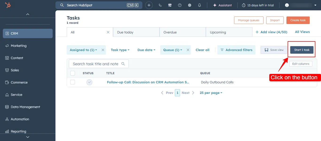 HubSpot start queue button to begin task workflow
