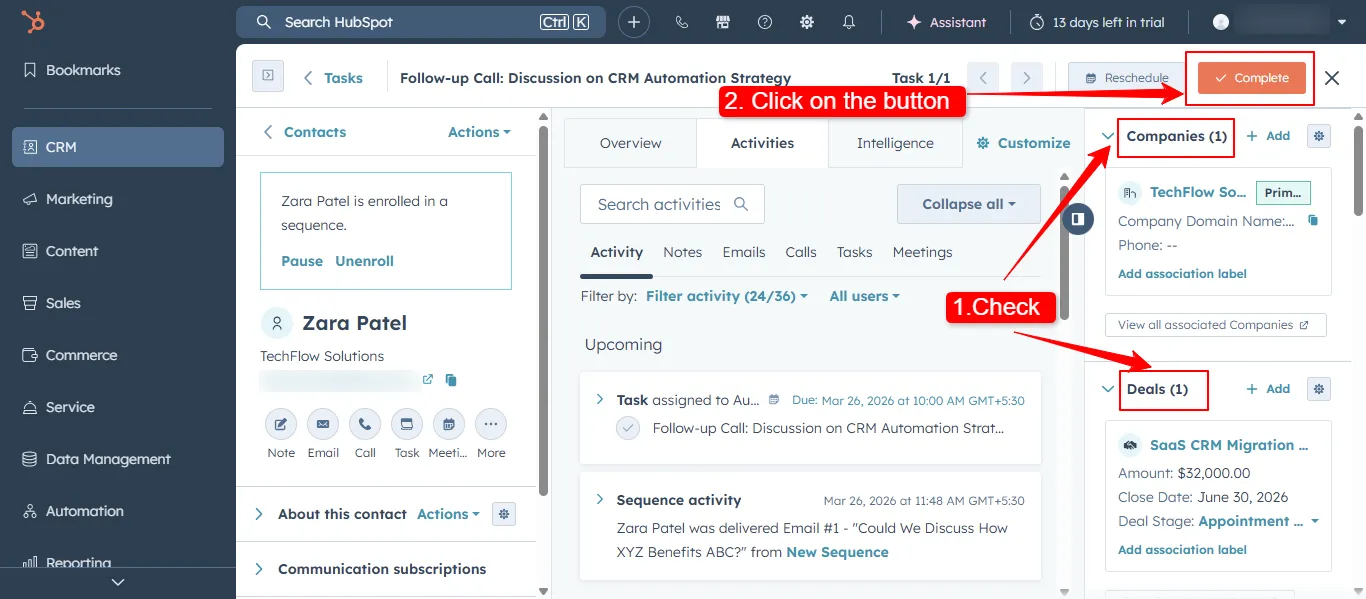 HubSpot complete task button in queue task panel