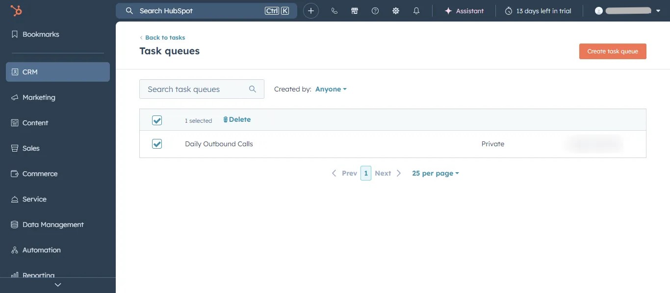 HubSpot task queue filtered by due date priority and owner