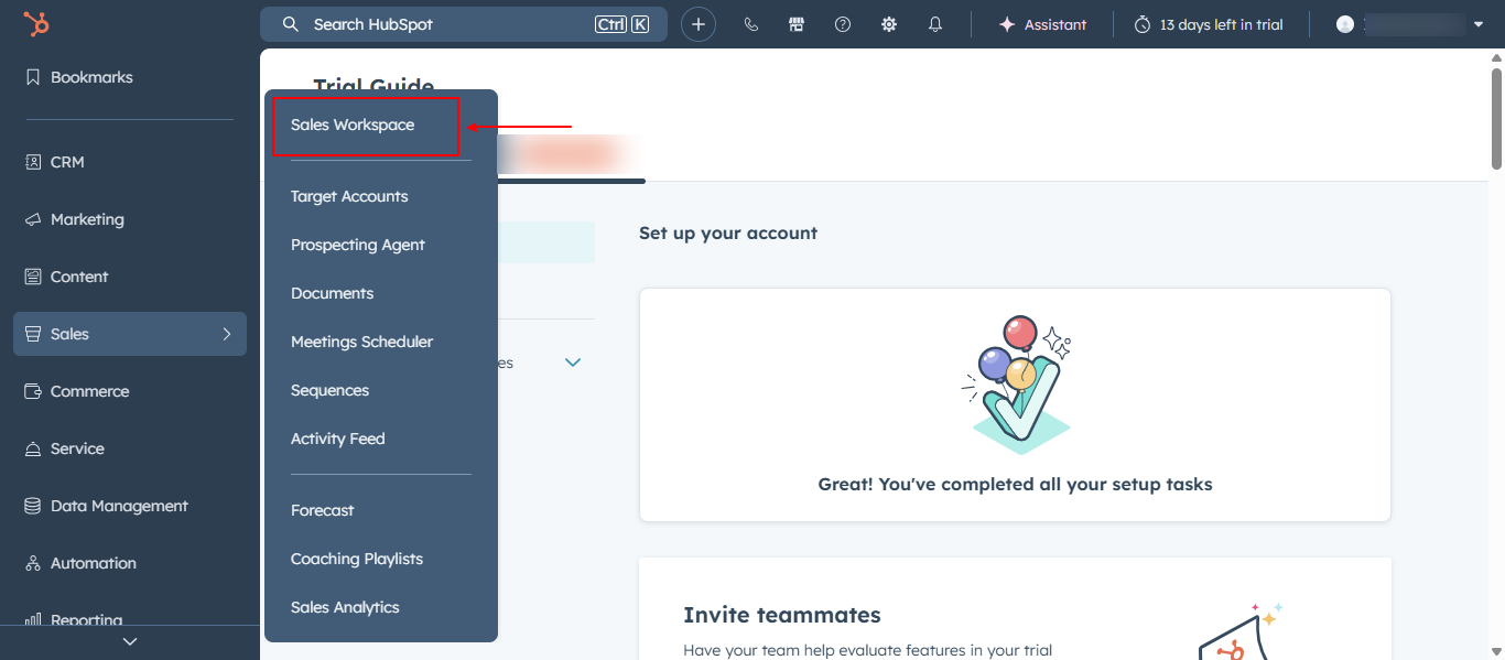 HubSpot Sales menu with Sales Workspace option