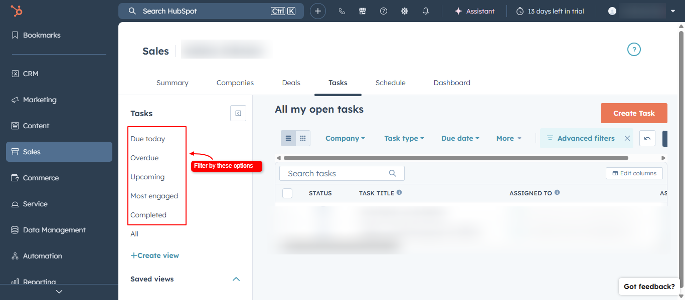 HubSpot tasks panel filtered by due today and overdue