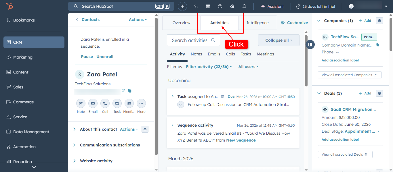 HubSpot lead activity timeline showing recent interactions