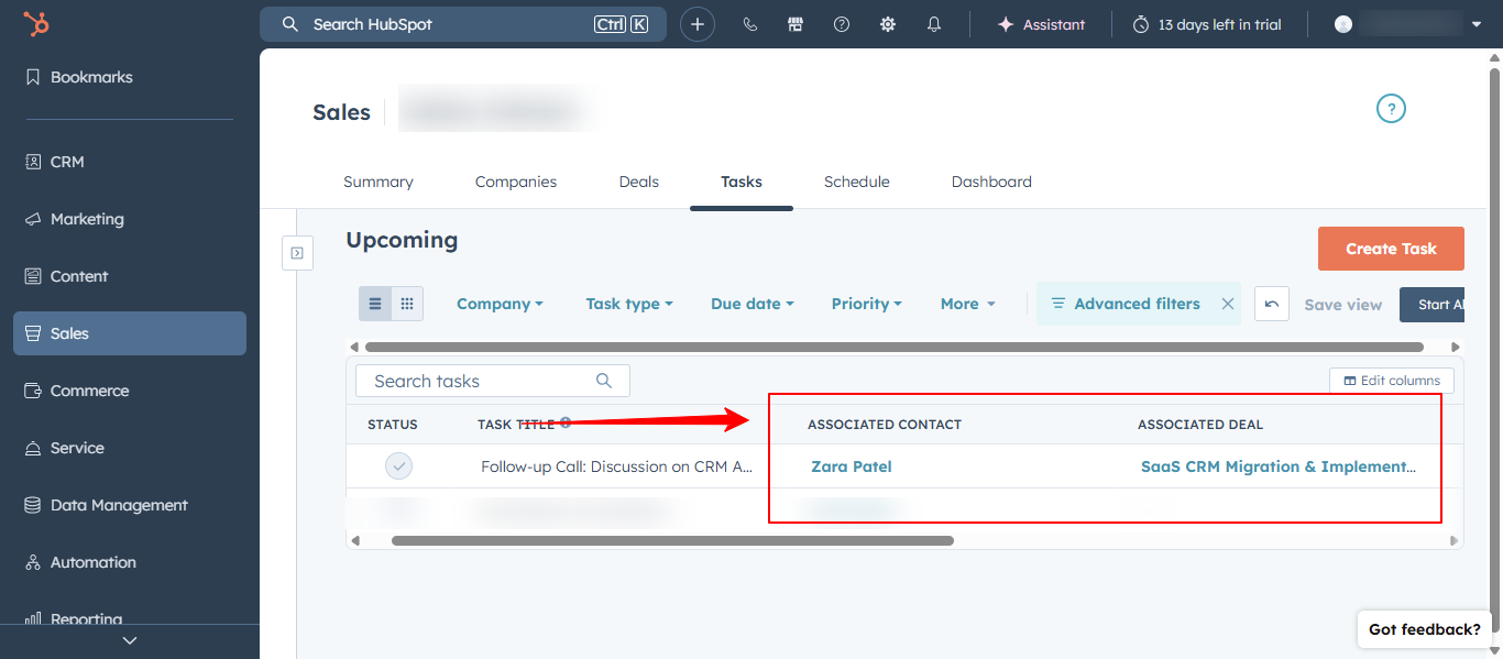 HubSpot task detail showing associated contact and deal