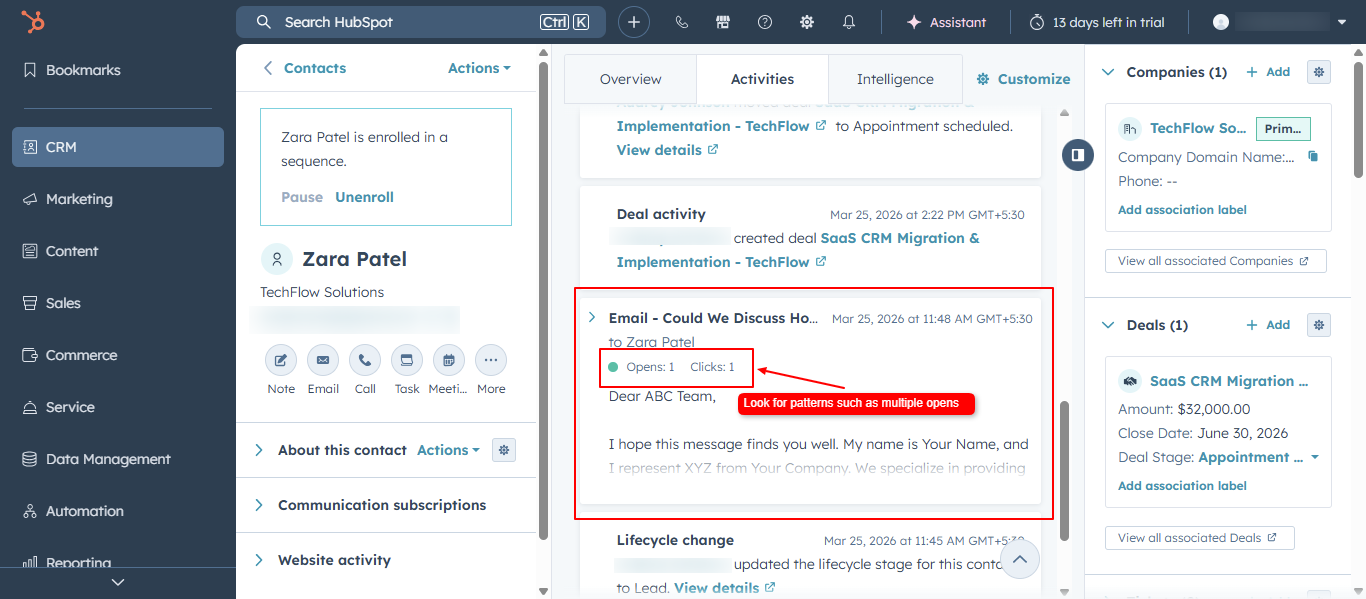 HubSpot lead engagement signals with email opens and page visits