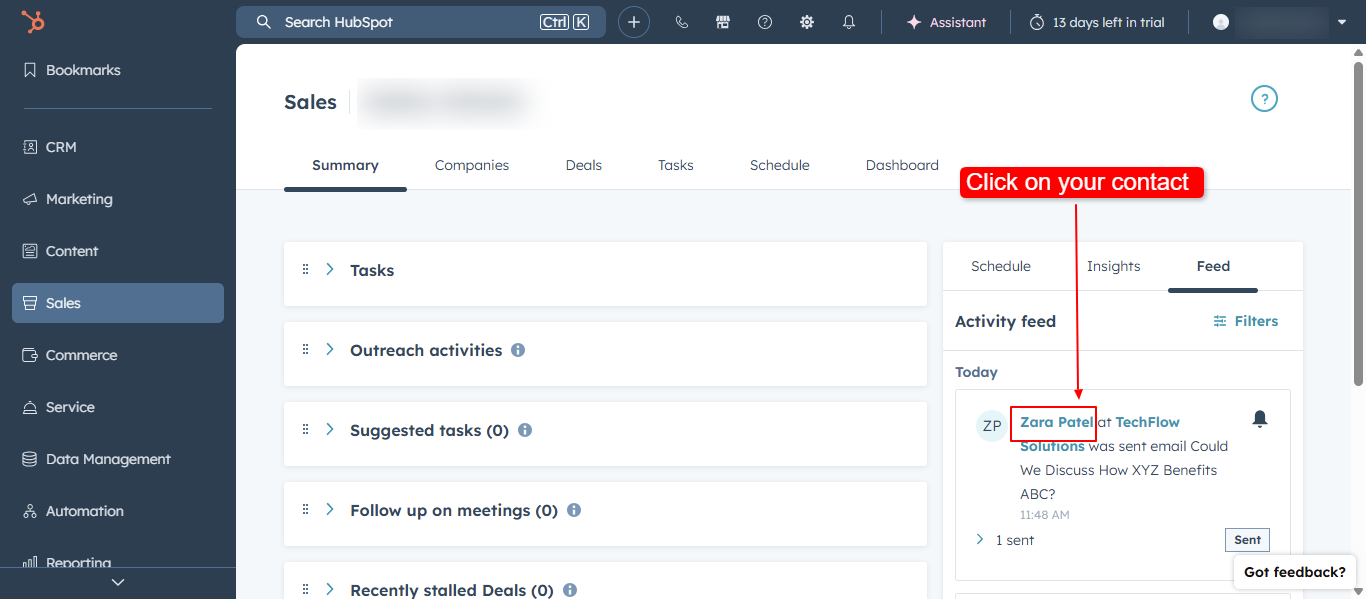 HubSpot contact record open from Sales Workspace