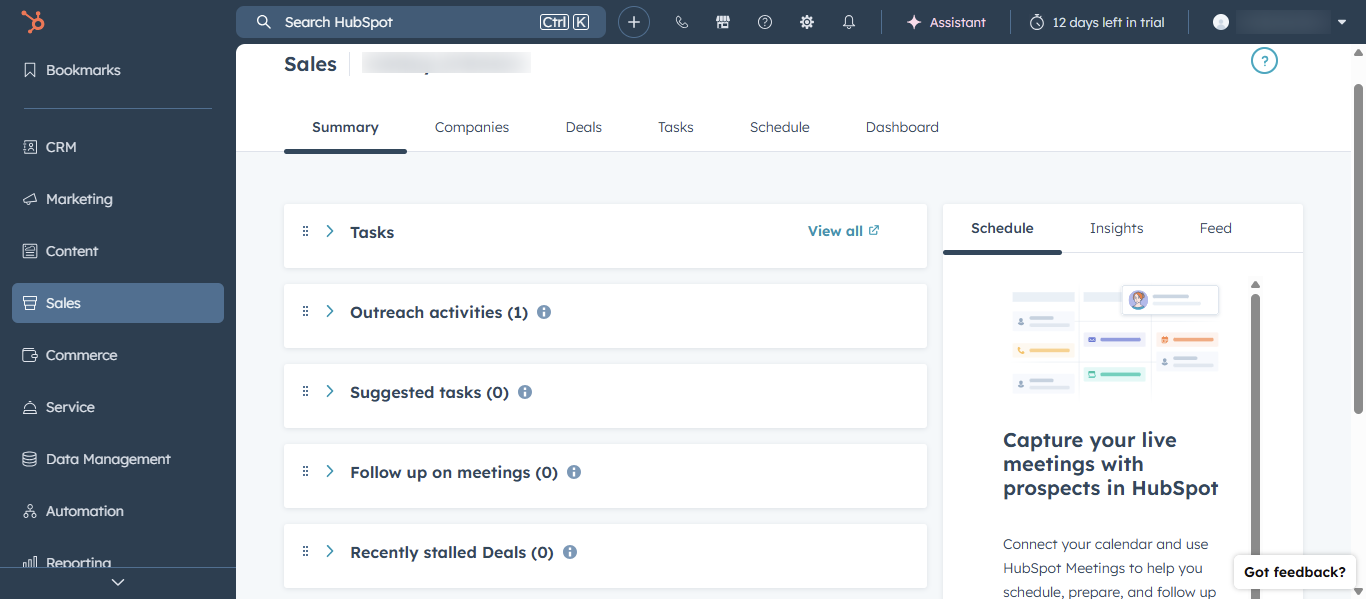 HubSpot Sales Workspace dashboard with tasks and leads overview