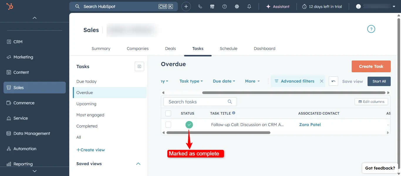 HubSpot Sales Workspace guided execution task completion interface