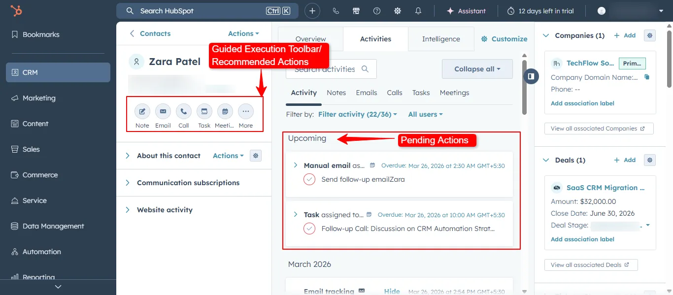 HubSpot guided execution contact record with recommended action