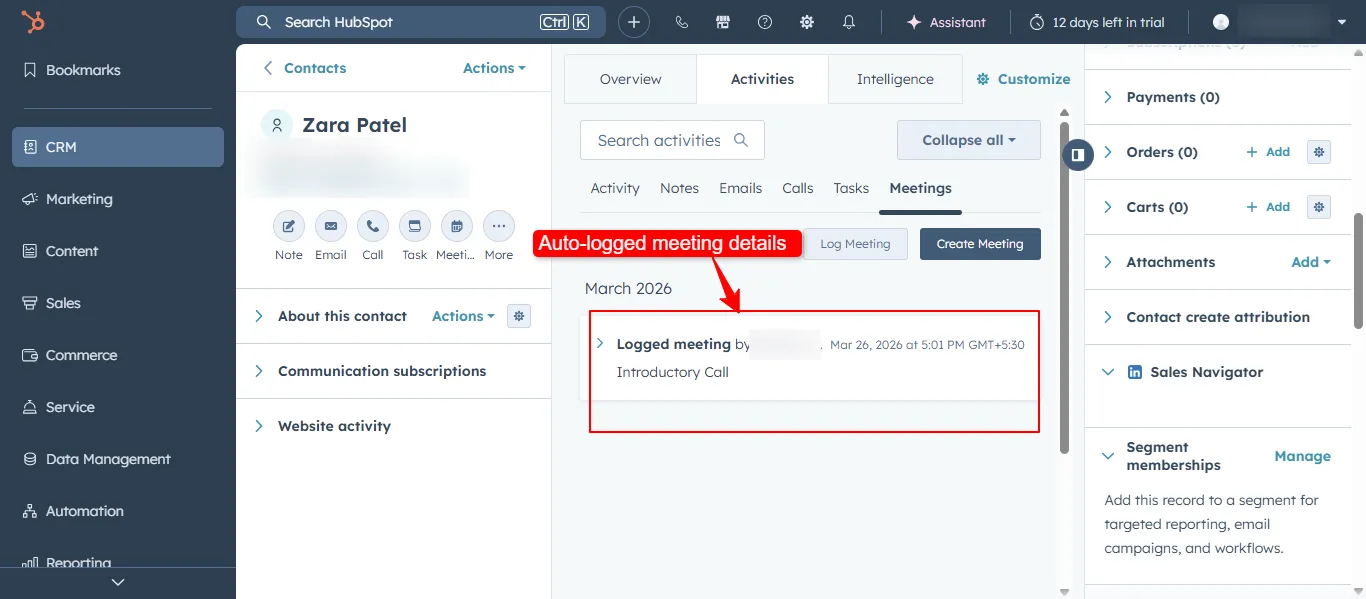 HubSpot CRM showing upcoming meetings list view