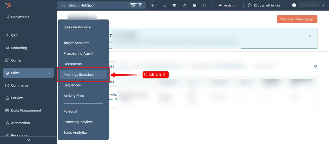 HubSpot top navigation showing meetings option