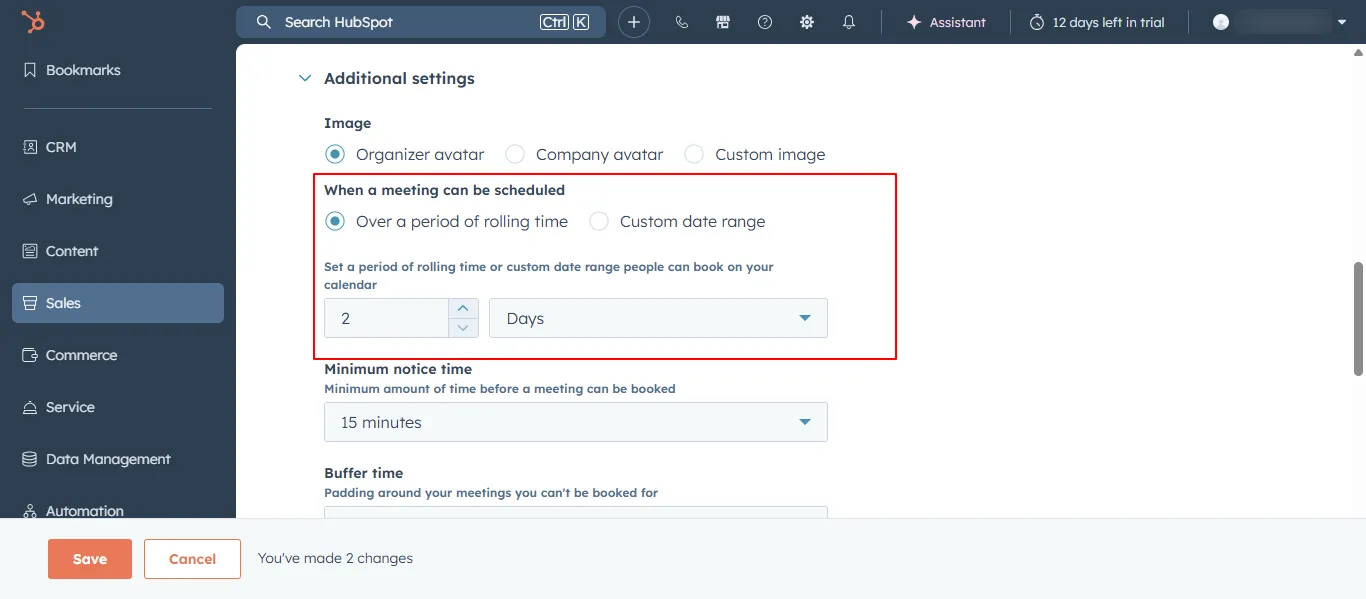 HubSpot meeting setup form with duration and limits