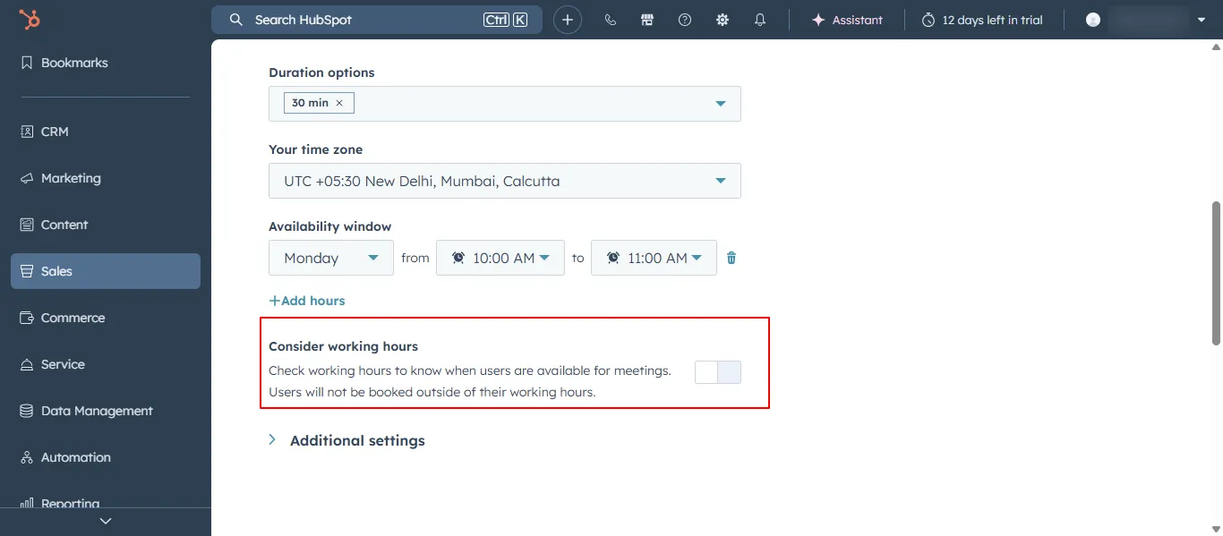 HubSpot working hours and availability configuration