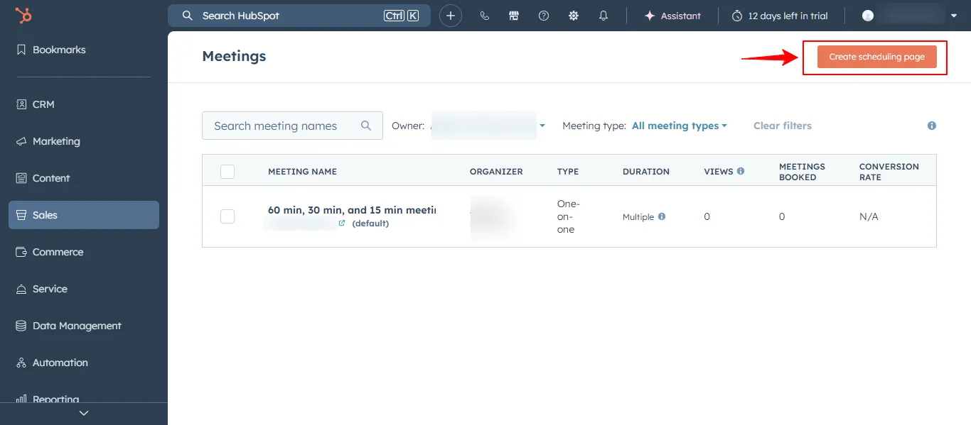 HubSpot booking notice settings in meeting setup