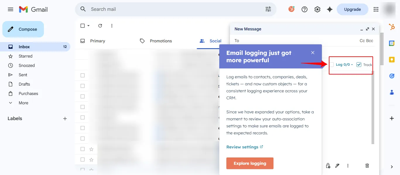 Gmail compose window with HubSpot Log and Track options enabled
