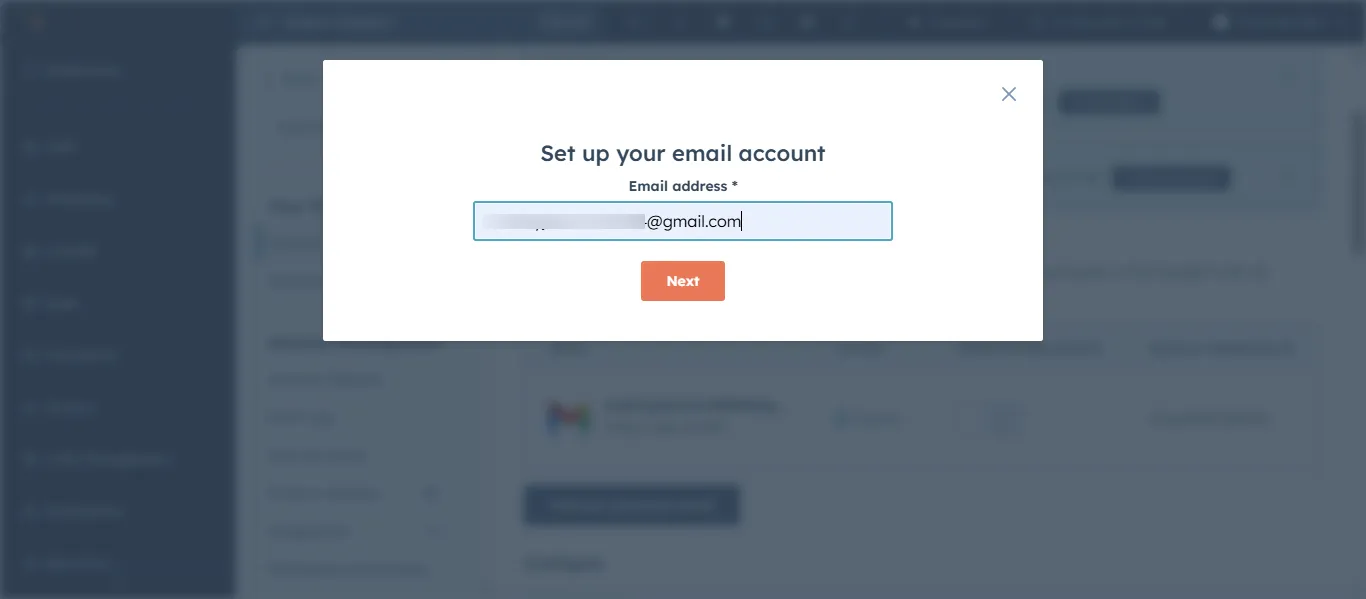 HubSpot Gmail personal email connection setup screen