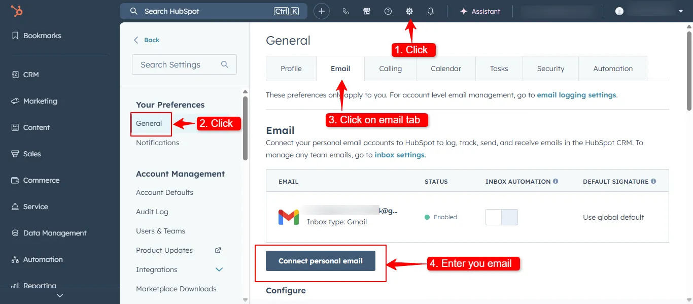 HubSpot Settings - Connect Personal Email to Gmail integration