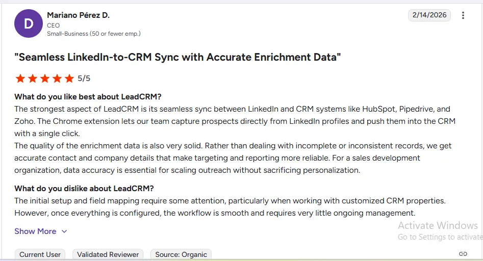Verified G2 Review - LeadCRM