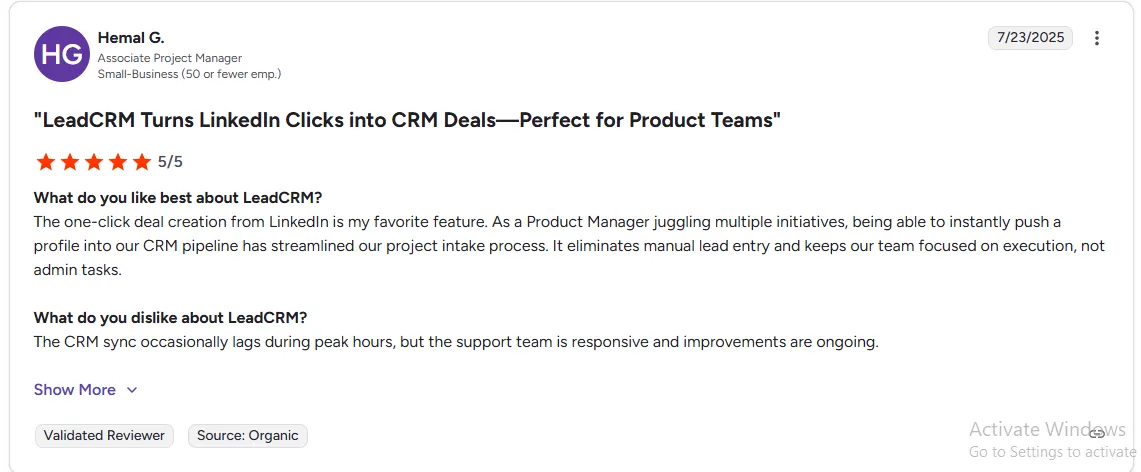 Verified G2 Review LeadCRM Hemal Gandhi