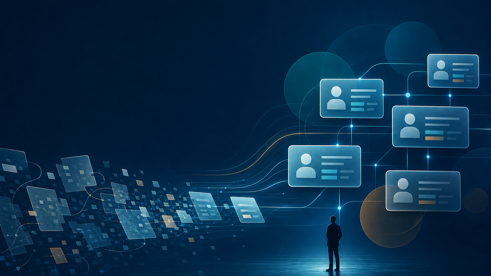 Abstract CRM data-enrichment workflow transforming fragmented record data into an organized connected customer-record network