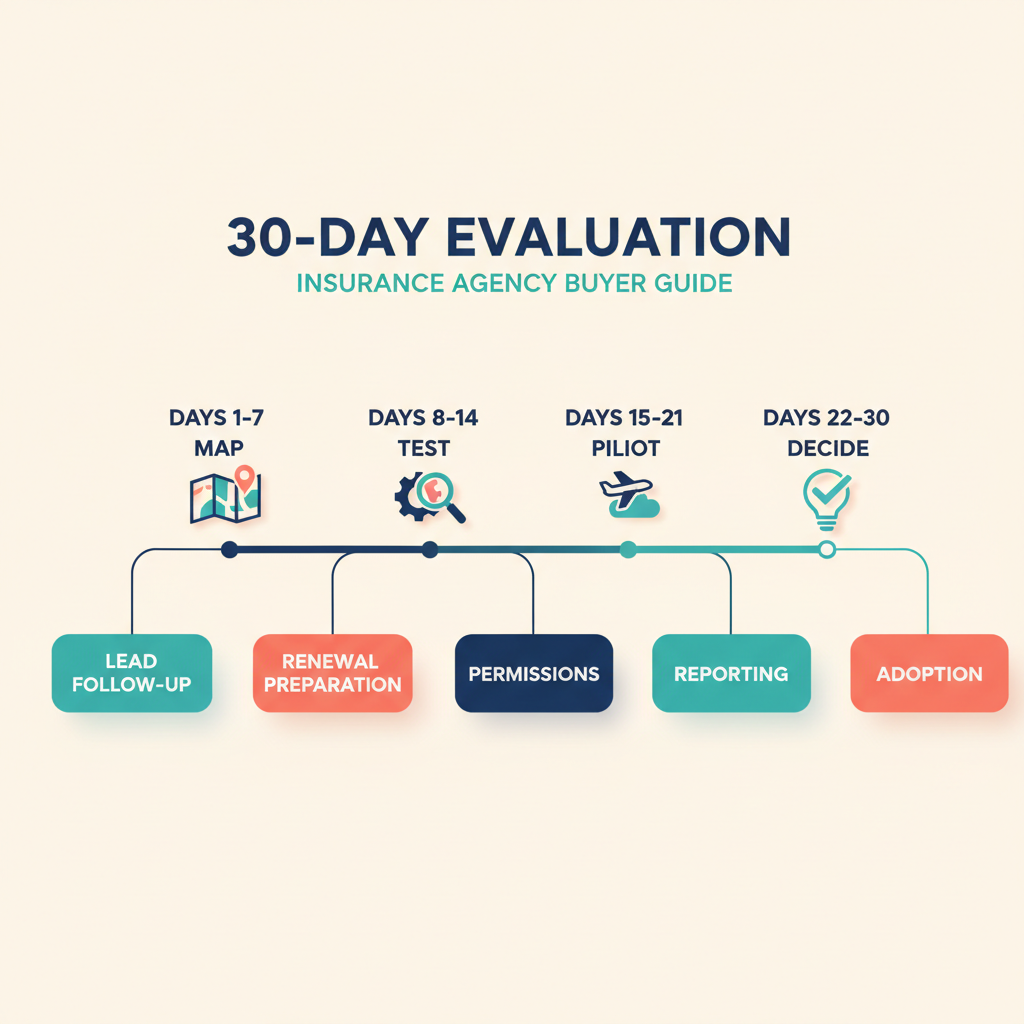 Thirty-day CRM and AMS evaluation timeline for an insurance agency.