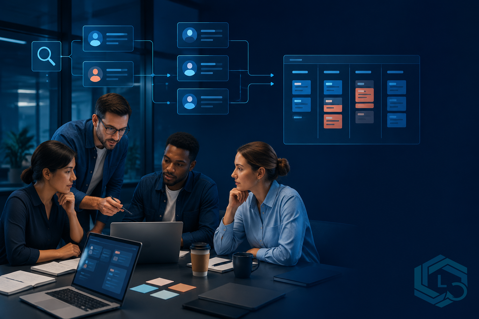 B2B sales team reviewing prospect context as CRM records move through a connected pipeline workflow