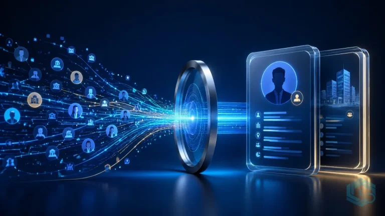 Abstract CRM data enrichment illustration showing fragmented contact and company signals flowing through a central matching portal into a structured customer record.