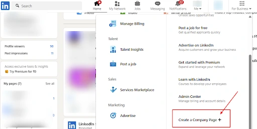 Step 2- Access the “Create a Company Page” Option