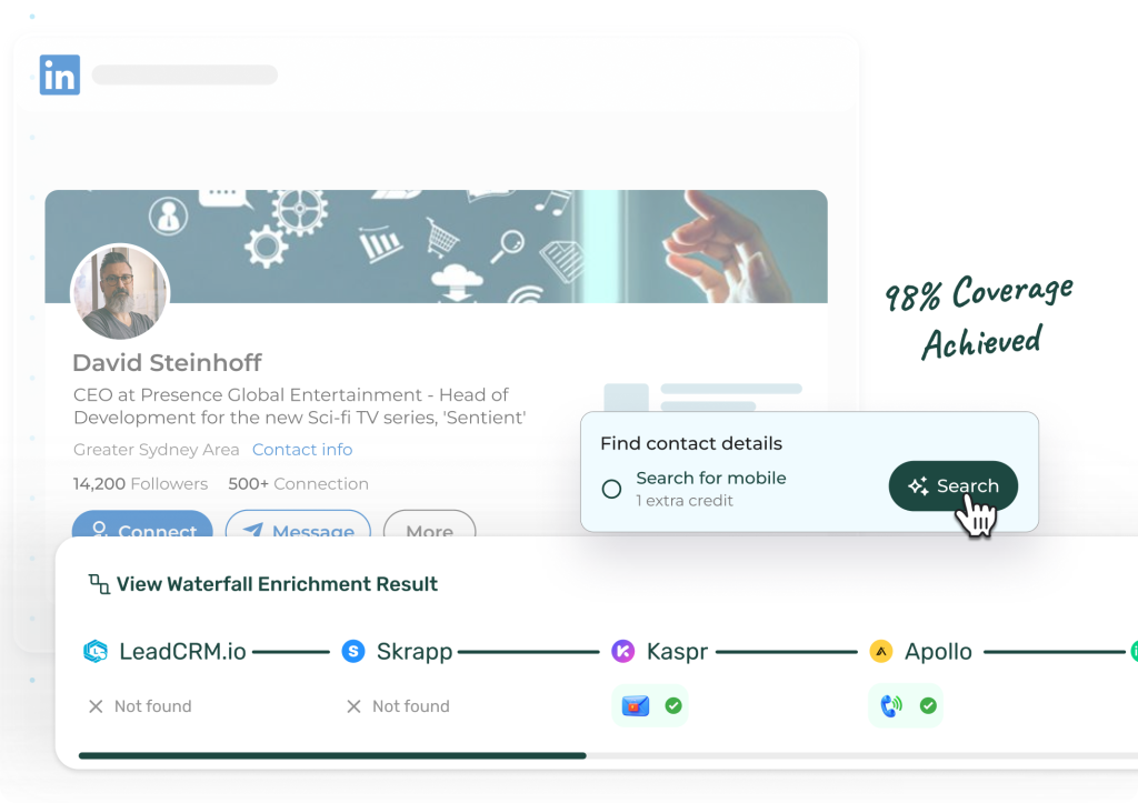 Screenshot of LeadCRM-39_s Chrome extension enriching a LinkedIn profile in real-time with a s