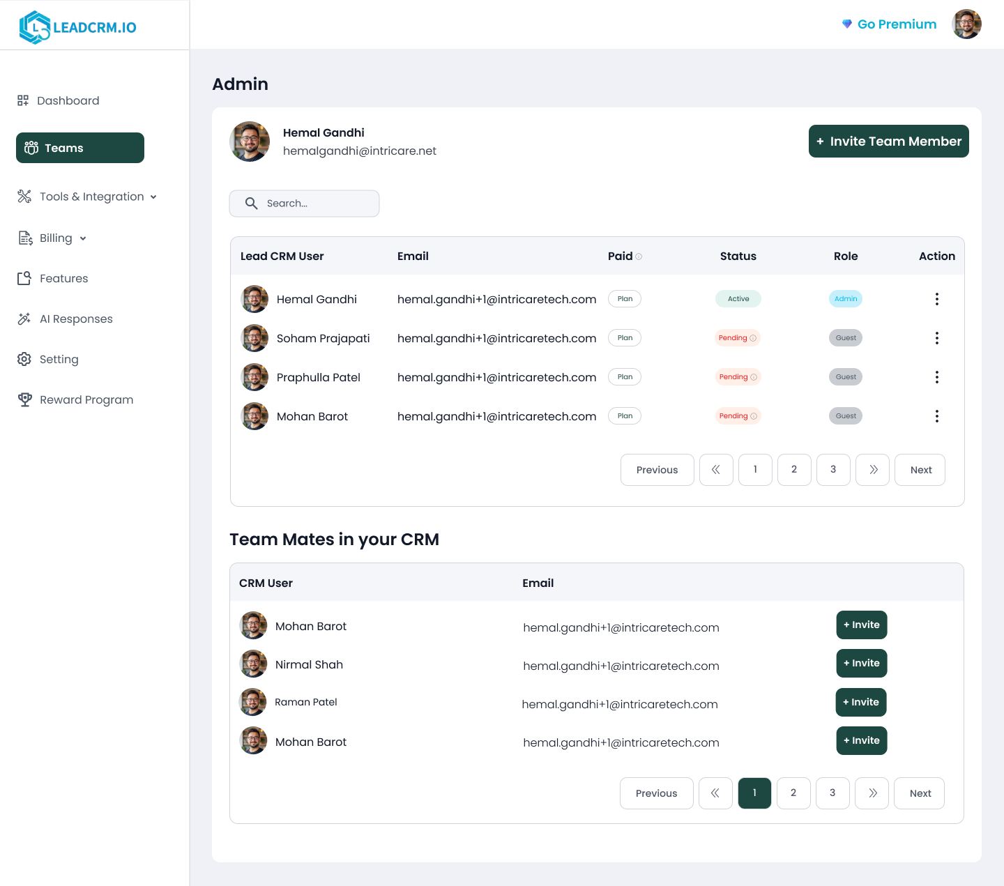 Leadcrm Teams page