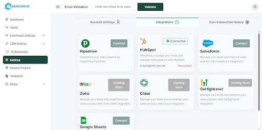 CRM Integration (HubSpot, Salesforce, Pipedrive)