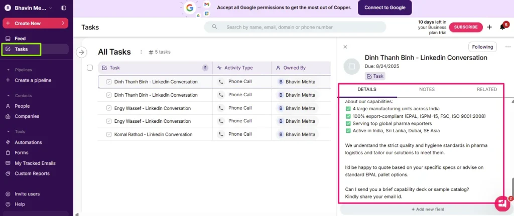 LinkedIn Message Sync for Copper CRM