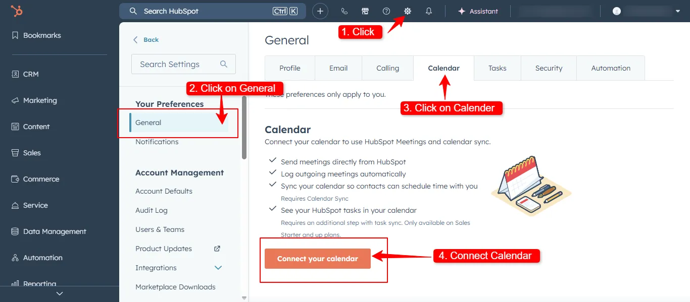 HubSpot settings menu with connect calendar option