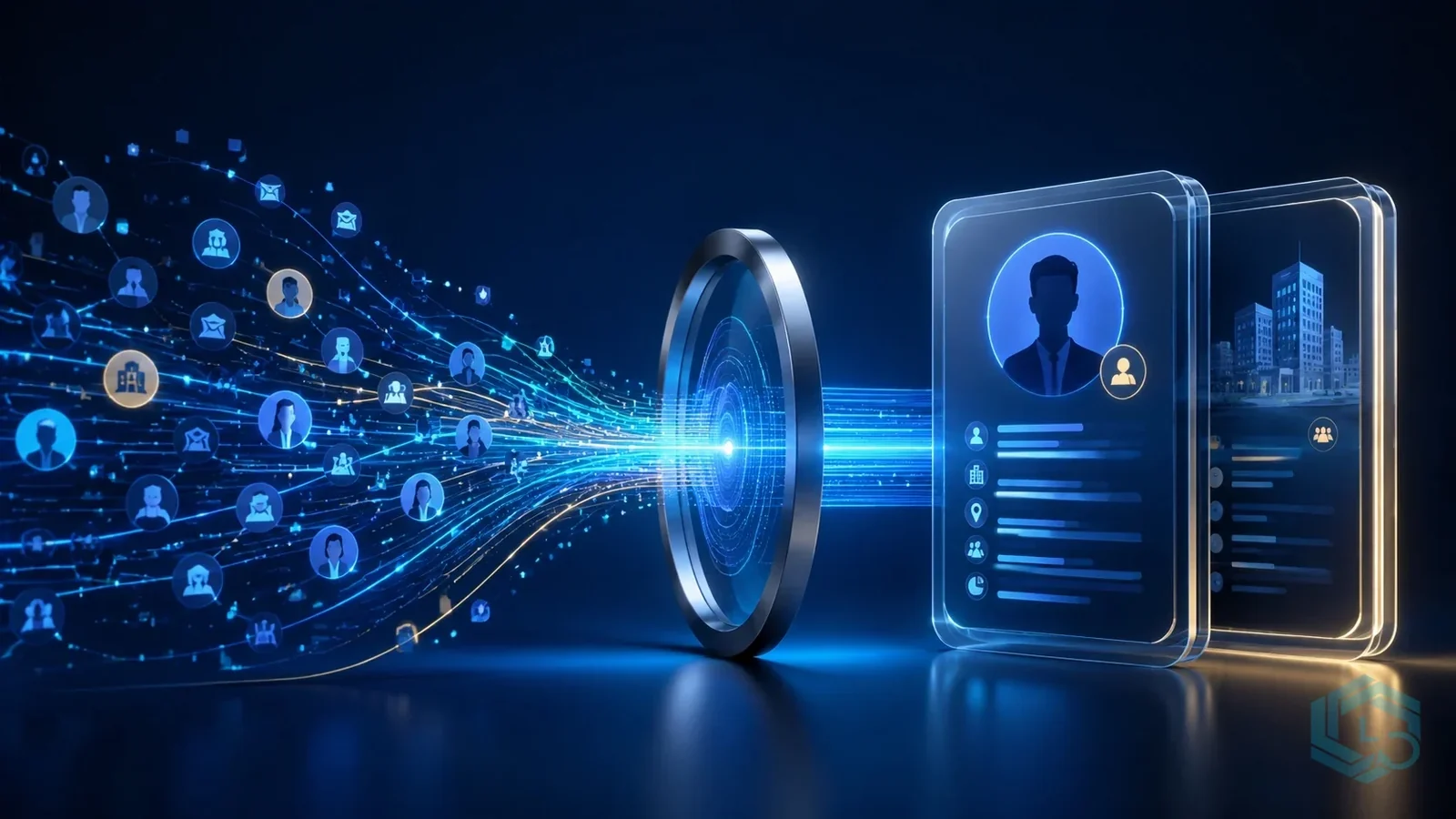 Abstract CRM data enrichment illustration showing fragmented contact and company signals flowing through a central matching portal into a structured customer record.